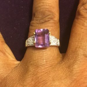 Ring 2.70 Ct Emerald Cut Floral Lavender Amethyst/20 Brilliant Cut Diamonds